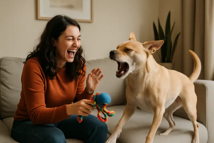 Mulher sorrindo brinca com cachorro em um sofá