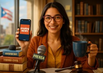 Caricatura digital realista de uma mulher jornalista usando óculos, segurando um celular com alerta de notícias e uma caneca, em um escritório com livros de Direito e bandeira ao fundo.