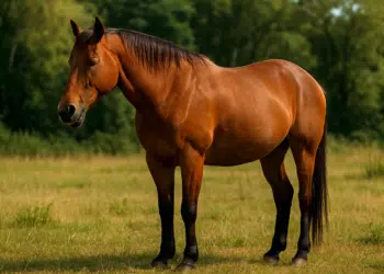 Cavalo marrom em pé em campo gramado