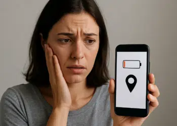Mulher preocupada segurando um celular com ícone de bateria fraca e localização