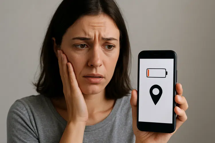 Aprenda a localizar o seu celular mesmo se ele estiver desligado ou sem bateria 1 Mulher preocupada segurando um celular com ícone de bateria fraca e localização