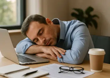 Homem deitado sobre mesa com olhos fechados ao lado de notebook e café