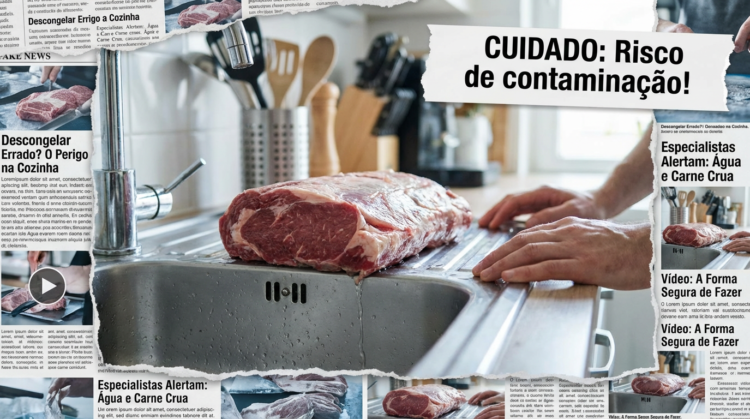 Grande peça de carne crua sendo descongelada sobre pia de cozinha com mãos próximas