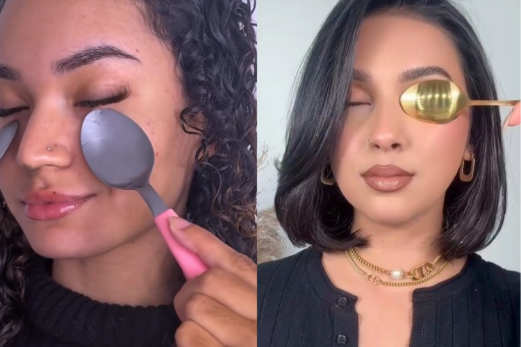 O truque da colher que realmente funciona para amenizar as olheiras 1 Montagem comparativa: à esquerda, uma mulher de pele morena aplica colheres de metal prateadas sob os olhos; à direita, uma mulher de pele mais clara aplica uma colher dourada sobre uma das pálpebras, ambas com os olhos fechados.