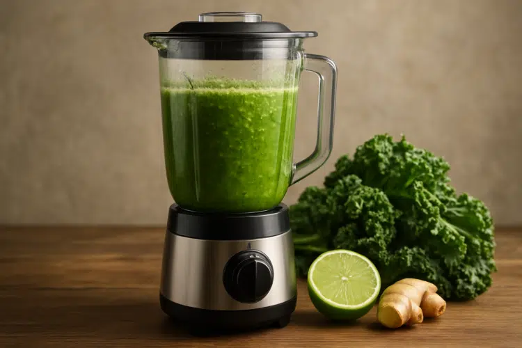 Liquidificador com suco verde, limão, gengibre e couve