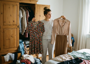 Jovem segura dois cabides com roupas diferentes diante de armário aberto e roupas espalhadas