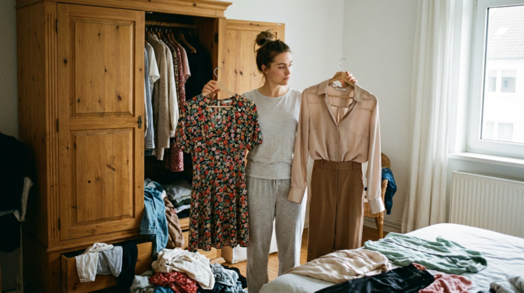 A regra dos 2 minutos para arrumar o guarda-roupa: Como nunca mais perder tempo escolhendo o que vestir 1 Jovem segura dois cabides com roupas diferentes diante de armário aberto e roupas espalhadas