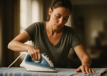 Mulher passando roupa com ferro elétrico sobre toalha listrada em ambiente doméstico