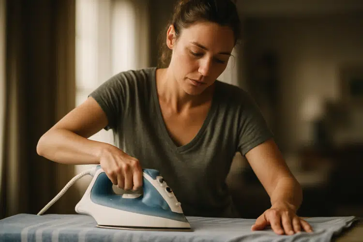 O truque do vinagre no fundo do ferro: Por que você deve fazer isso antes de passar as roupas da semana 1 Mulher passando roupa com ferro elétrico sobre toalha listrada em ambiente doméstico