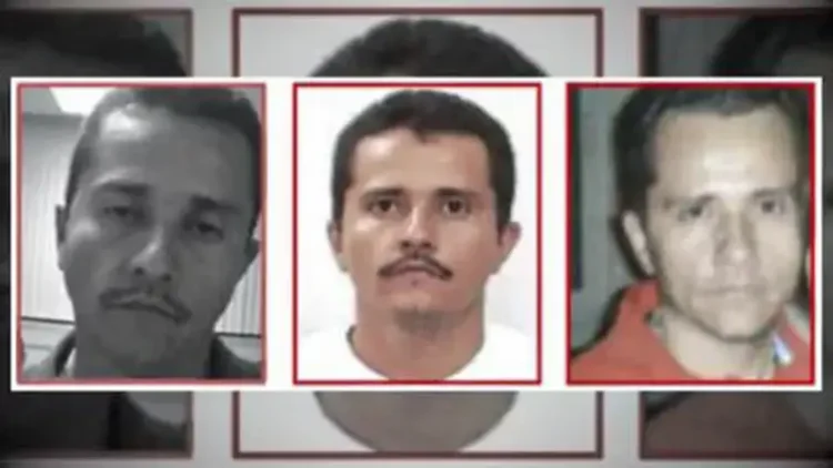 Três retratos de homem com bigode exibidos em colagem com moldura vermelha