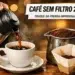 Mão despejando café quente em xícara ao lado de coador improvisado e pó de café
