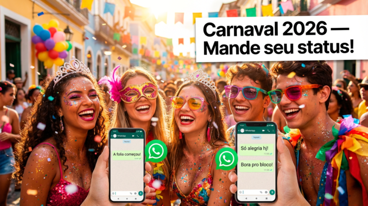 Feriado de Carnaval: Mensagens para postar no status e enviar no WhatsApp 1 Jovens fantasiados sorrindo em bloco de rua, celulares com frases de Carnaval no WhatsApp