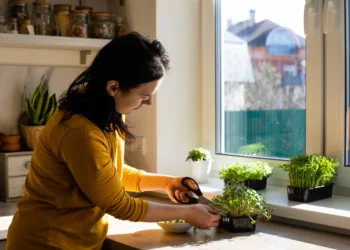 Mulher cuidando de temperos em uma horta dentro de apartamento, podando ervas em uma janela iluminada.