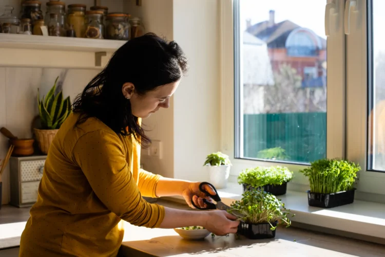 Horta em Apartamento: 3 temperos fáceis de cultivar mesmo com pouco sol 1 Mulher cuidando de temperos em uma horta dentro de apartamento, podando ervas em uma janela iluminada.