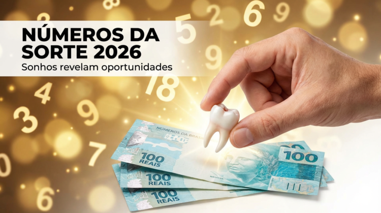 Sonhou com dente caindo ou dinheiro achado? Entenda o significado e os números sugeridos para apostar 1 Mão segurando dente sobre notas de cem reais com números iluminados ao fundo