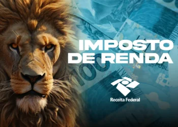 Leão com expressão intensa ao lado de cédulas de real e logo do Imposto de Renda