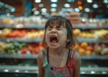Criança fazendo birra em supermercado, gritando e exigindo algo.