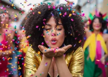 Mulher com cabelo cacheado, usando fantasia dourada, soprando confetes coloridos, em clima de pós-Carnaval nas ruas de Salvador.