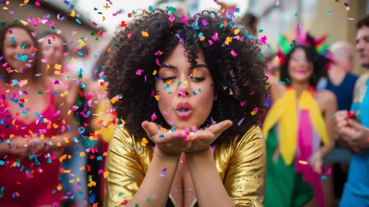 O Carnaval acabou, mas a folia continua! Confira o novo calendário de festas 1 Mulher com cabelo cacheado, usando fantasia dourada, soprando confetes coloridos, em clima de pós-Carnaval nas ruas de Salvador.