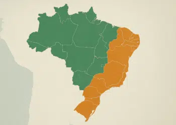 Mapa do Brasil com áreas em verde e laranja indicando regiões com diferentes condições de chuva