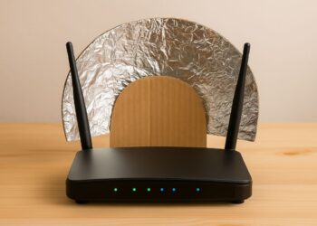 Roteador branco ligado com folhas de papel alumínio posicionadas atrás das antenas