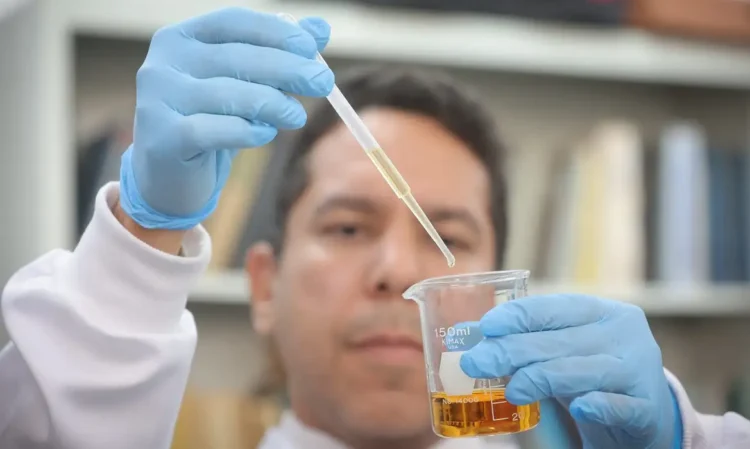 Mortes por intoxicação por metanol: Número de casos aumenta no Estado de São Paulo 1 Homem com luvas azuis segurando um béquer com líquido e uma pipeta em laboratório — alerta sobre o aumento de mortes por intoxicação por metanol em São Paulo