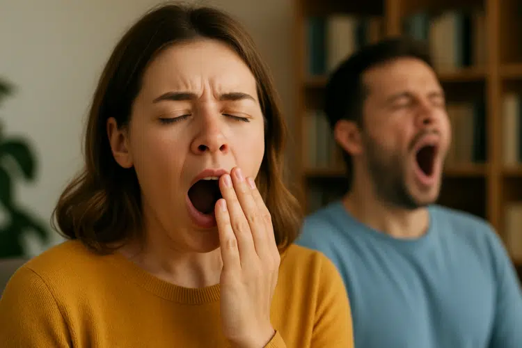 Mulher e homem bocejando juntos
