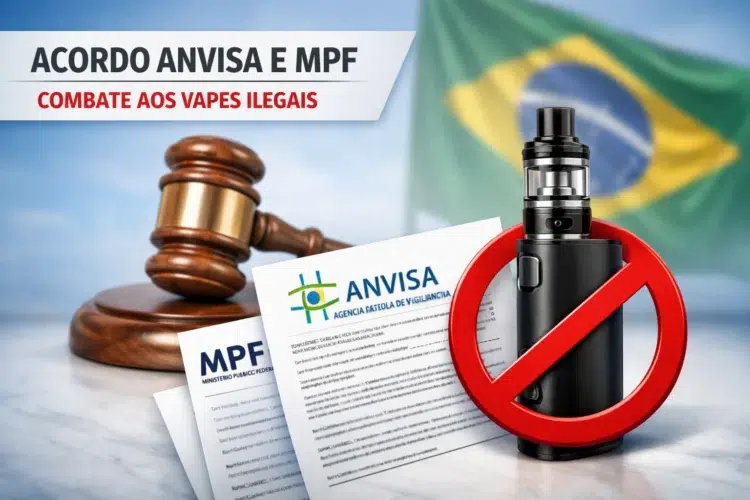 Combate aos cigarros eletrônicos ganha força com acordo entre Anvisa e MPF 1 Martelo de juiz, papéis da Anvisa e MPF e vape proibido à frente de bandeira do Brasil.