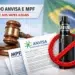 Martelo de juiz, papéis da Anvisa e MPF e vape proibido à frente de bandeira do Brasil.