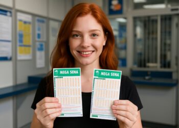 Apostadora exibe seus bilhetes de Mega Sena em uma lotérica