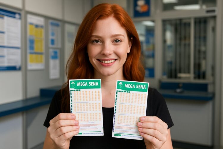 Apostadora exibe seus bilhetes de Mega Sena em uma lotérica
