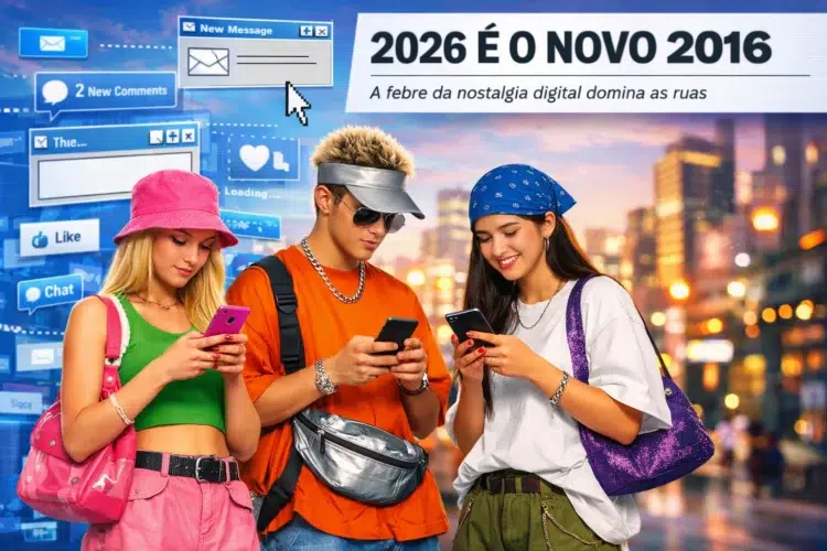 Três jovens usando roupas coloridas de estilo retrô, focados em seus celulares sob telas digitais ao fundo