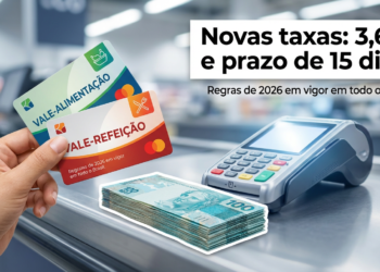 Mão segura cartões vale-refeição e alimentação diante de terminal e notas de R$ 100