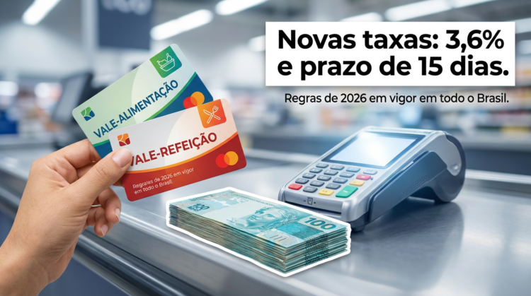 Vale-refeição e alimentação: atualização das regras para empresas antes protegidas; veja detalhes 1 Mão segura cartões vale-refeição e alimentação diante de terminal e notas de R$ 100