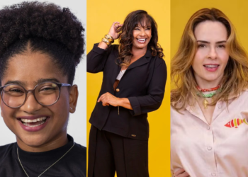 Montagem horizontal com três fotos de participantes do BBB 26. À esquerda, Milena sorri usando óculos de grau; ao centro, Solange posa com blazer preto e mãos no cabelo; à direita, Ana Paula Renault veste camisa clara com estampa de peixe. O fundo das fotos centrais é amarelo vibrante.