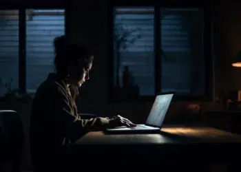 Mulher concentrada usando notebook sozinha em ambiente escuro