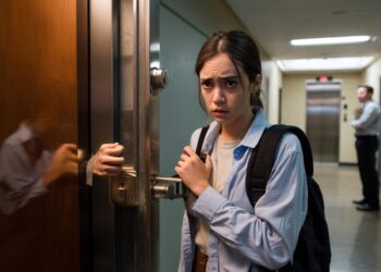 Mulher preocupada segura maçaneta e tranca porta de metal em corredor, usando mochila. Psicologia explica.