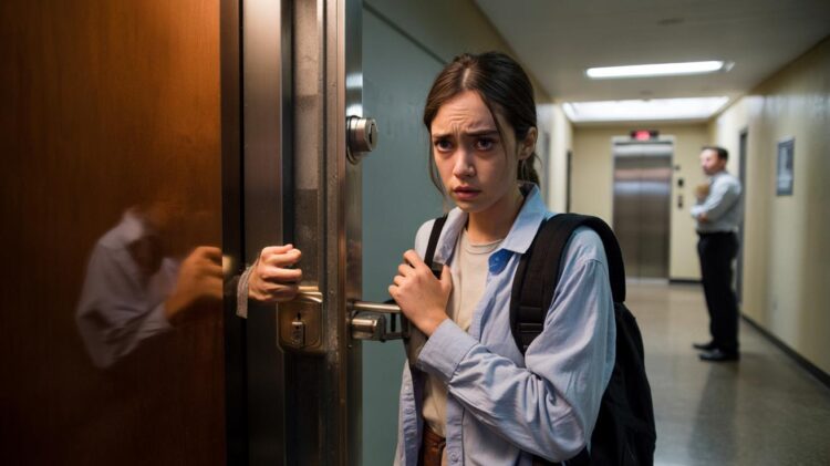 Mania de checar a porta várias vezes? A psicologia revela o que esse hábito esconde sobre sua mente 1 Mulher preocupada segura maçaneta e tranca porta de metal em corredor, usando mochila. Psicologia explica.