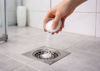 Mão despeja sal grosso no ralo de banheiro de azulejo claro