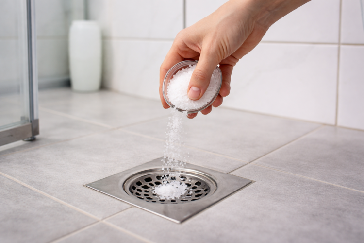 Mão despeja sal grosso no ralo de banheiro de azulejo claro