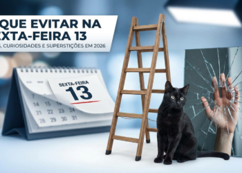 Gato preto ao lado de escada e espelho quebrado diante de calendário marcando sexta-feira 13