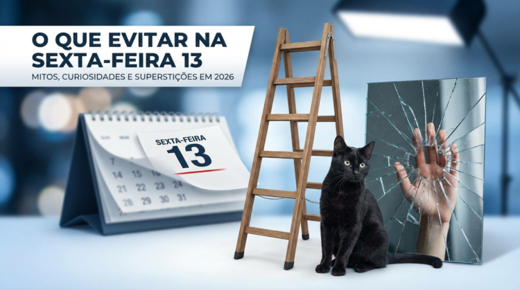 O que dizem as lendas sobre o que não devemos fazer na sexta-feira 13? 1 Gato preto ao lado de escada e espelho quebrado diante de calendário marcando sexta-feira 13