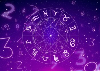Ilustração mística de uma roda do zodíaco com os doze signos astrológicos em branco sobre um fundo roxo estrelado, cercada por números flutuantes e constelações.
