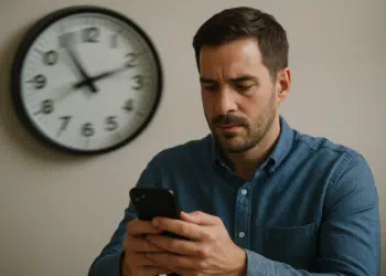 Homem sério usando celular com relógio na parede ao fundo.