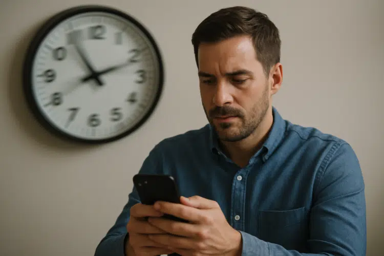 O fenômeno do "cérebro cansado": Por que temos a sensação de que o tempo está passando mais rápido em 2026? 1 Homem sério usando celular com relógio na parede ao fundo.