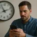 O fenômeno do "cérebro cansado": Por que temos a sensação de que o tempo está passando mais rápido em 2026? 12 Homem sério usando celular com relógio na parede ao fundo.