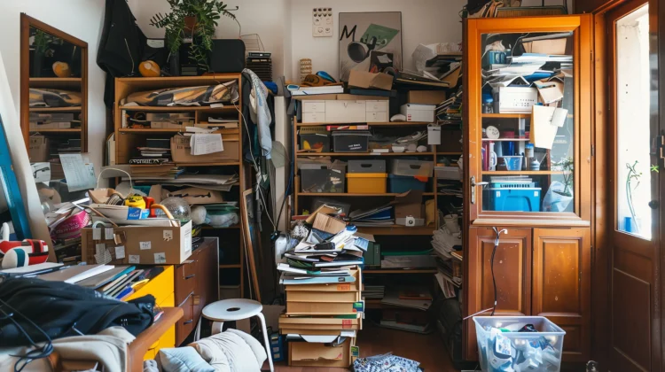 Sala desorganizada com pilhas de objetos e papéis, representando o transtorno de acumulação e o medo do futuro.