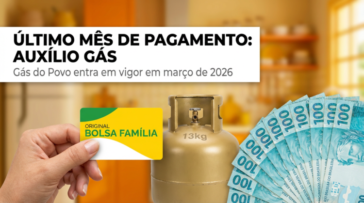 Mão segurando cartão Bolsa Família ao lado de botijão de gás e notas de R$ 100