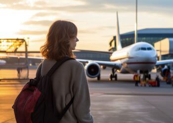 Passageira com mochila observa avião no aeroporto, representando cancelamento de voos do Brasil para a Argentina devido à greve.