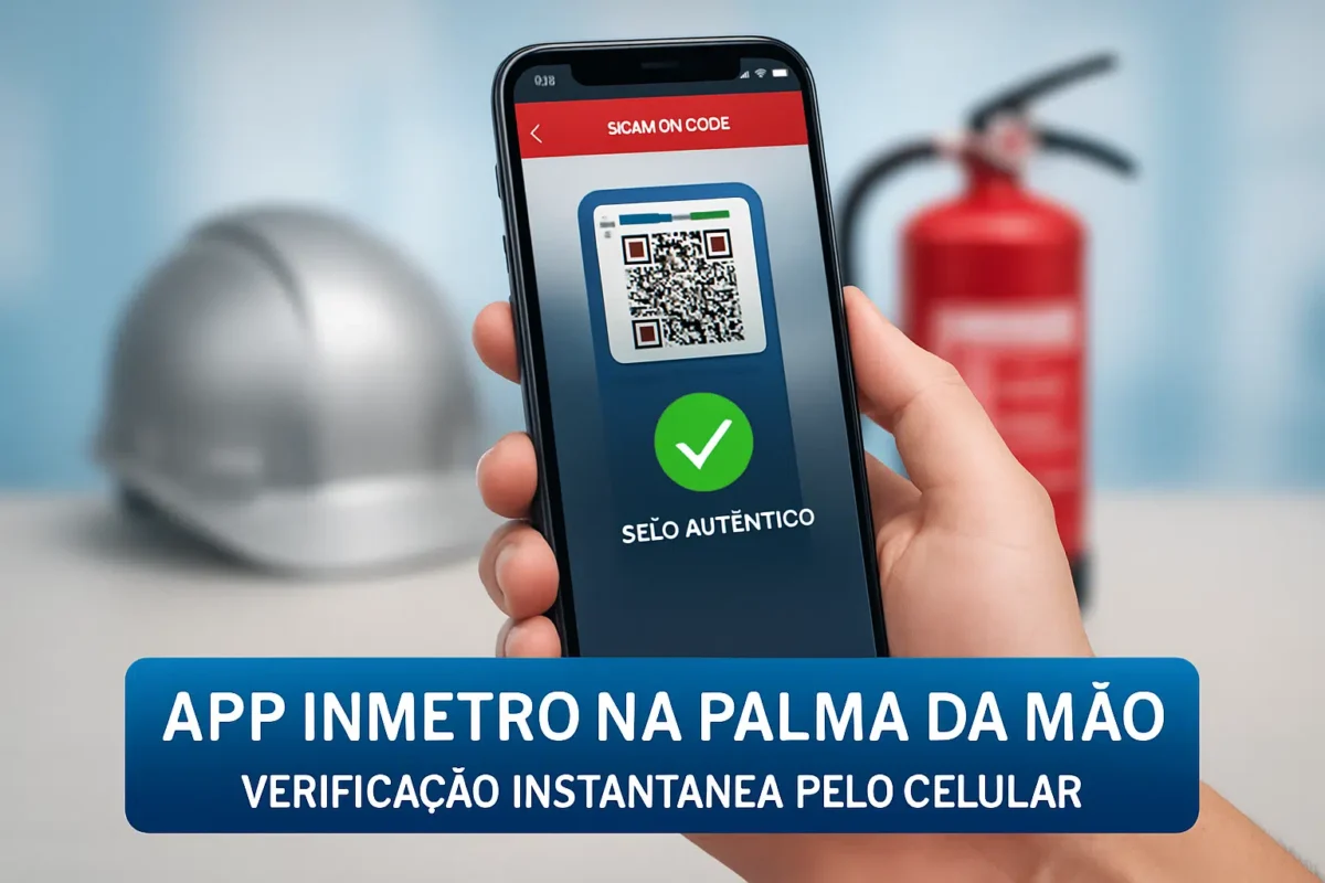 Atenção! Selos antigos do Inmetro para capacete, extintor e GNV vencem em março 2 Pessoa usando aplicativo do Inmetro no celular para verificar selo de autenticidade